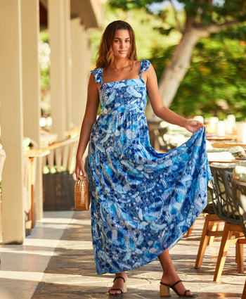 Kenny Flowers womens blue hono maxi ruffle sleeved resort dress in collaboration with Mauna Kea