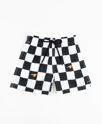 Kenny Flowers x McLaren boys checkered flag black and white swim trunks kids matching family f1 formula one outfits, miami grand prix outfit