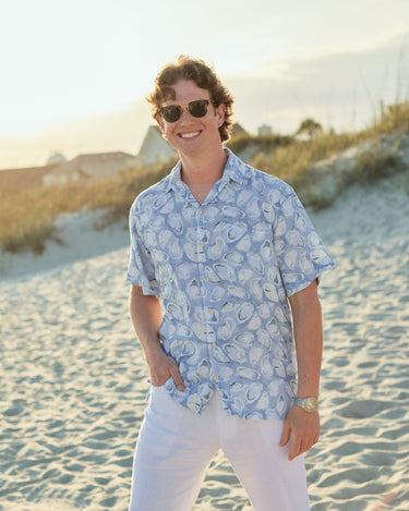 Kenny Flowers The Nanshucket mens short sleeve button down blue oysters hawaiian shirt, outfits for Nantucket