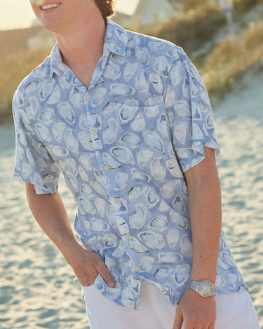 Kenny Flowers The Nanshucket mens short sleeve button down blue oysters hawaiian shirt, outfits for Nantucket