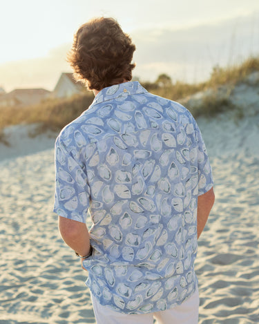 Kenny Flowers The Nanshucket mens short sleeve button down blue oysters hawaiian shirt, outfits for Nantucket