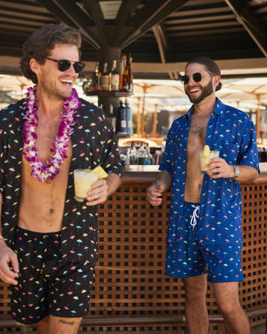 Kenny Flowers mens open bar black short sleeve button down hawaiian shirt with drink umbrellas print