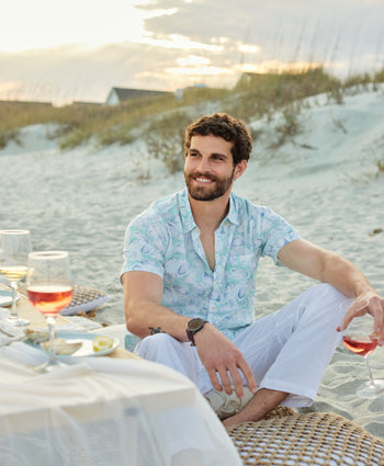 Kenny Flowers The Nanshucket mens short sleeve button down cotton slim fit seafoam oysters shirt, outfits to wear in Nantucket
