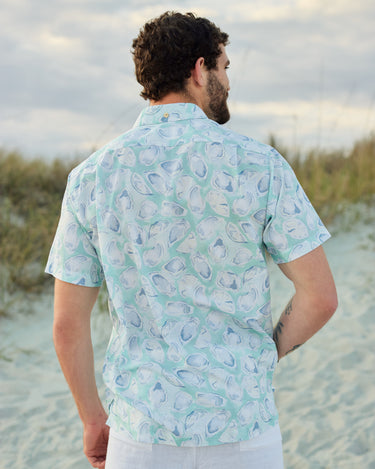 Kenny Flowers The Nanshucket mens short sleeve button down cotton slim fit seafoam oysters shirt, outfits to wear in Nantucket