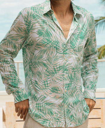 mens button down green fronds long sleeve tropical vacation shirt