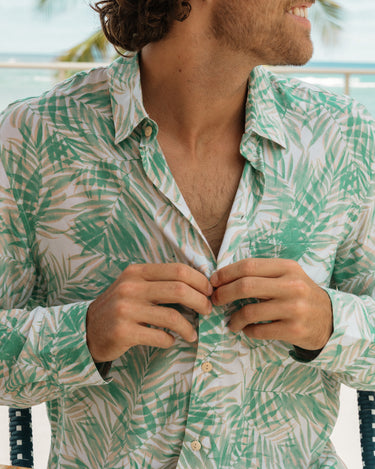 mens button down green fronds long sleeve tropical vacation shirt