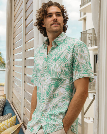 mens green fronds short sleeve button down hawaiian shirt
