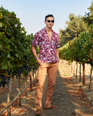 Mens deep red short sleeve button down hawaiian shirt in collaboration with belle glos winery pinot noir