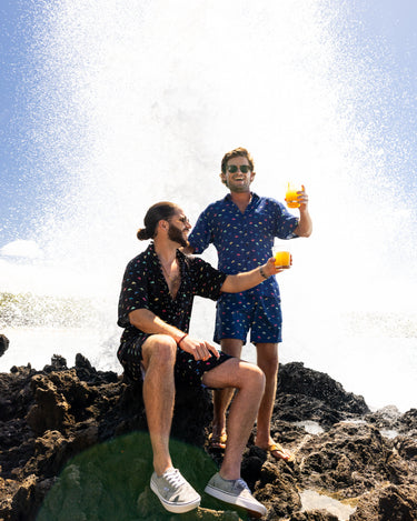 Kenny Flowers mens open bar navy short sleeve button down hawaiian shirt with drink umbrellas print