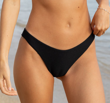 Womens woven textured mykonos black sporty bikini bottom