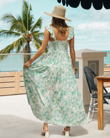 womens green fronds vacation maxi dress with ruffle straps and smocked back