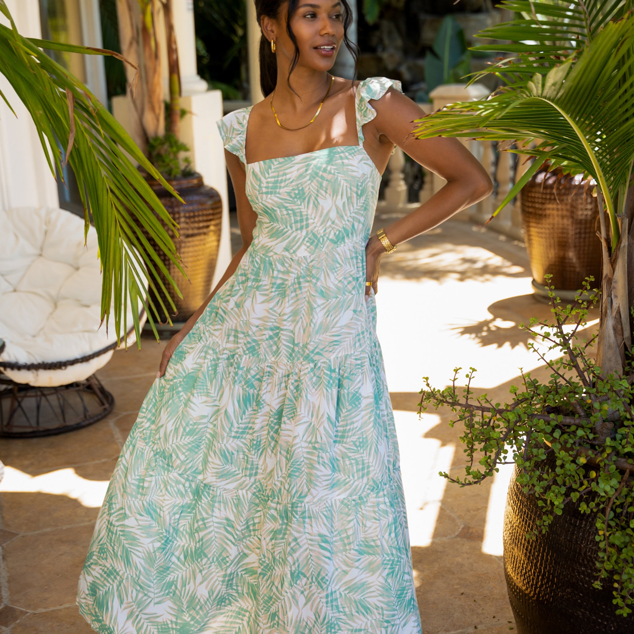 womens green fronds vacation maxi dress with ruffle straps and smocked back