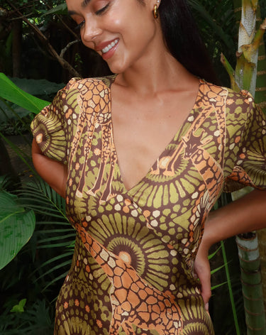 The Africa -  Silk Puff Sleeve V-Neck Maxi Dress