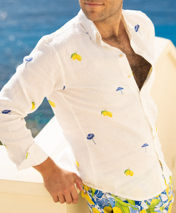 Mens long sleeve 100% white linen button down shirt, lemons and fontelina umbrellas