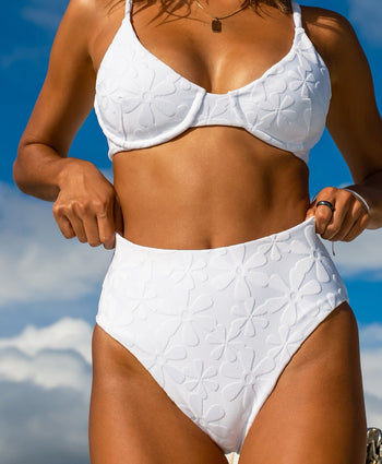 The Santorini - White Floral Jacquard High Waist Bikini Bottom