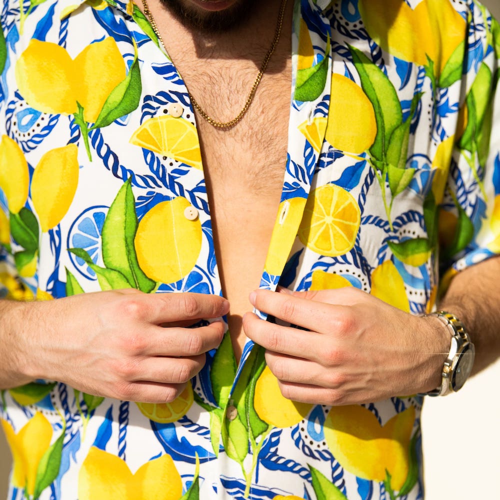 Mens short sleeve button down yellow lemon print hawaiian shirt amalfi 