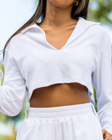 The Poolside - Long Sleeve White Terry Pullover Crop Top